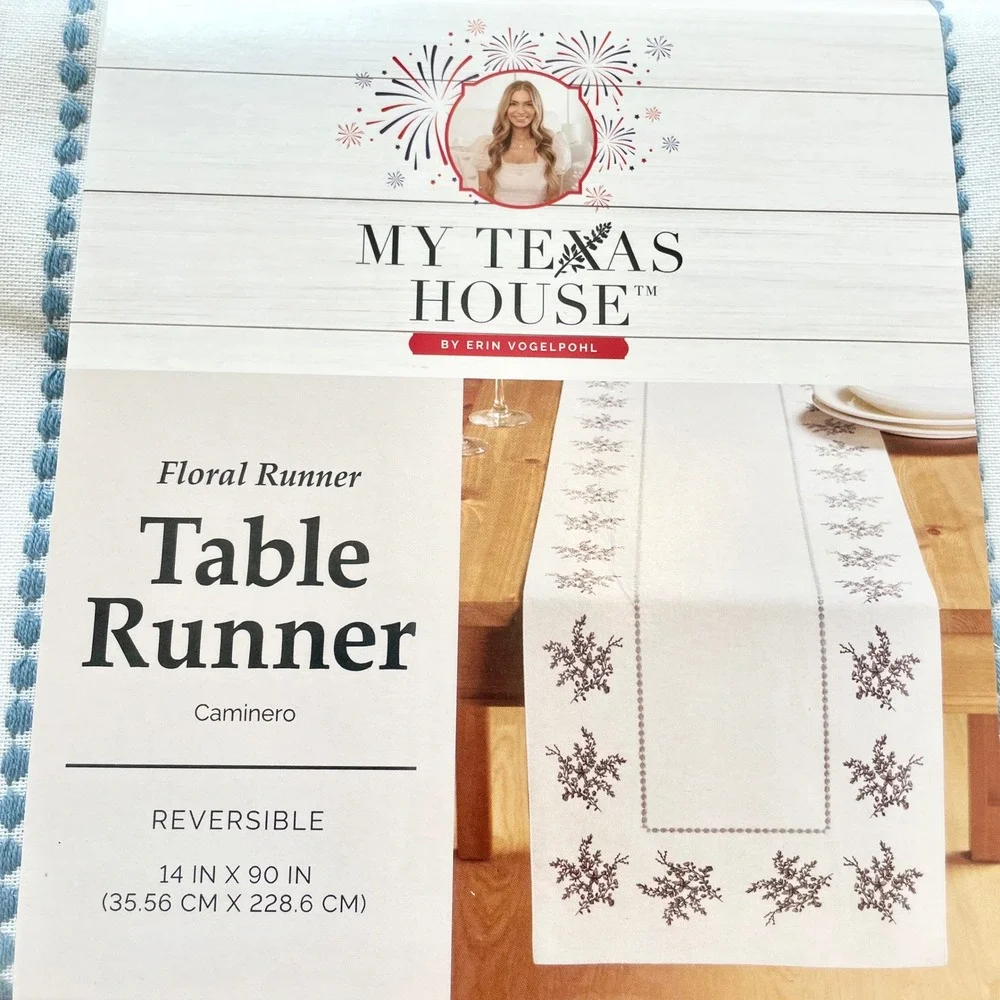 My Texas House Caminero Blue Floral Cotton Table Runner Reversible 14x90 New